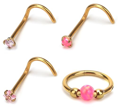 Mikovivi 4 Pzs Aros Nariz Acero Inoxidable, Tachuelas Nasales Forma L Segmentados con Bisagra Cierre Automático para Orificio Nasal Septum Cartílago Hélix Rook Lóbulo Piercings Labiales (Rosa)