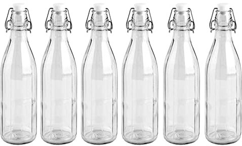 MA MAISON Lot de 6 bouteilles en verre 500 ml avec bouchon hermétique – eau, vin, citroncello, liqueur, boissons, jus, pétillant, naturel – bouteille nervurée transparente de table