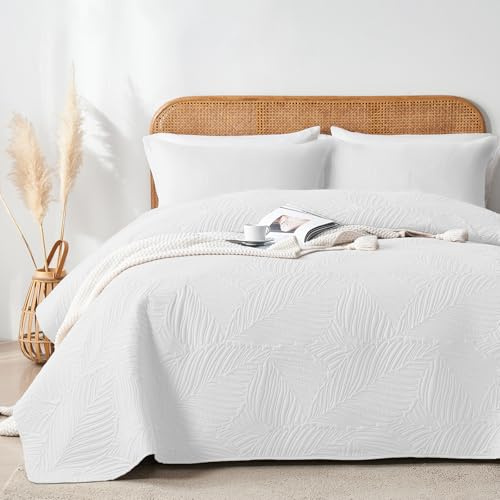 VIVA FINO Couvre-lit 240x260 cm Blanc,Boutis Matelassé en Polyester Doux,Motif Feuilles Décoratif,Confort Léger et Doux,pour Lit Double et Canapé,Convient à Toutes Les Saisons