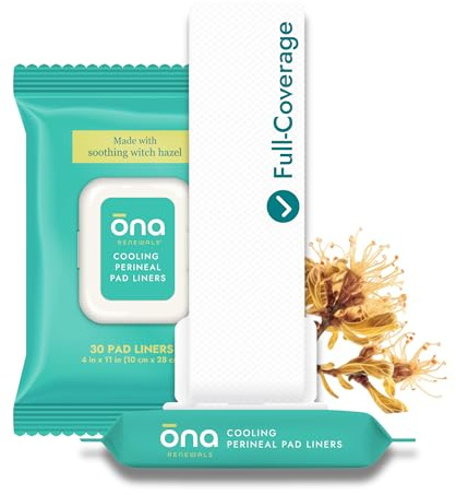 Ona Renewals Perineal Pad Panty Liners for Women, Postpartum Essentials, Witch Hazel Full Coverage Cooling Pads, Hemorrhoid Treatment, Fragrance Free, 30 Ct Pack of 1
