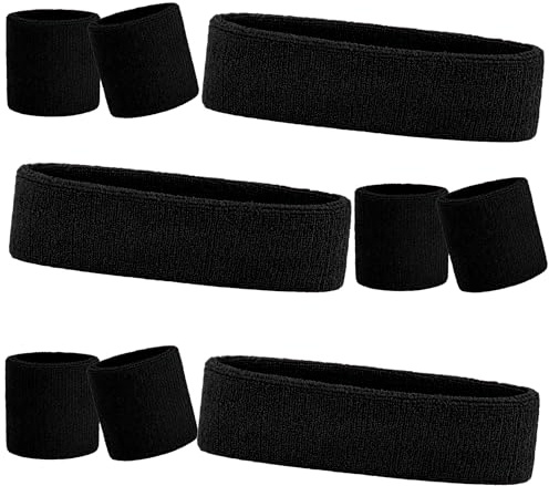 9 Pcs Sweatbands Headband Wristband Set Colorful Striped Terry Cloth Sports Athletic Gym 80s Sweat Headbands Wrist Bands (Black)