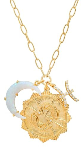 immerFancy Gold Pisces Zodiac with Pisces Coin Opal Crescent Moon Charm Necklace for Women Trendy 18K Gold Plated Retro Paperclip Chain 12 Constellation Horoscope Necklaces Astrology Jewelry Gifts