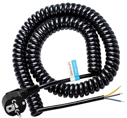 Cavo di prolunga con contatto di protezione, 20 m, connettore a spirale, cavo di prolunga in plastica, IP20, interno con spina Schuko, cavo di alimentazione Schuko 230 V/16 A, nero