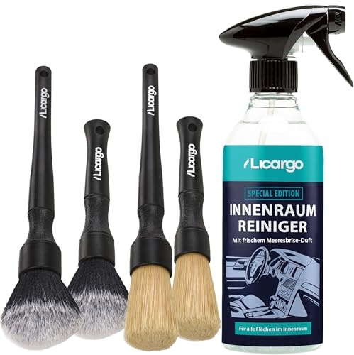 LICARGO Detailing Pinsel & Innenraumreiniger Set 500ml mit Meeresbrise Duft + Detailing Pinsel Set 4 Stück - Cockpitreiniger & Autopinsel für Innenreinigung, Kunststoff, Leder, Polster -Autopflege Set