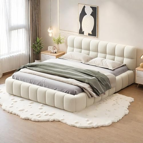 Yeutre Lit Bubble 140x190, Lit Deux Personnes avec Tête de Lits Capitonné Dossier et Bord Rembourré, Sommier à Lattes, Cadre de Lits Double pour Adultes et Adolescent, Lin, sans Matelas (Beige)
