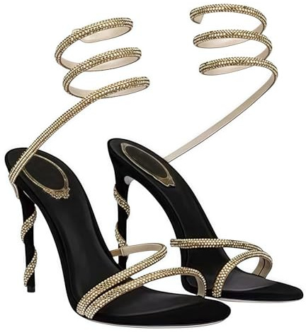FQLGJMY Mujeres Stiletto Sandalias de tacón alto Tie Up Open Toe Slingback Espiral Envoltura alrededor de zapatos de verano con strass para la fiesta de baile