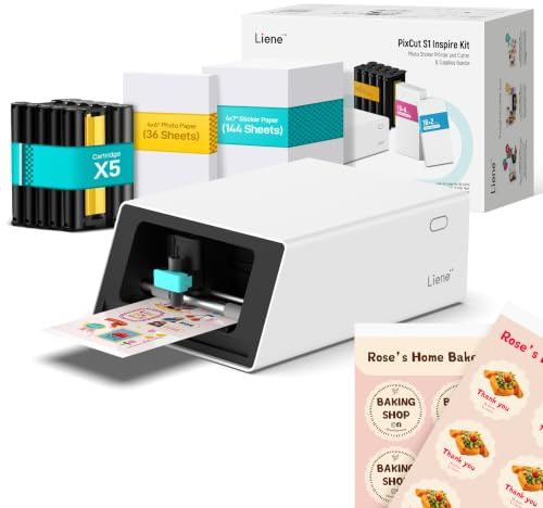 Liene PixCut S1 Inspire Kit - All-in-One Color Sticker Printer & Cutting Machine, Thermal Dye-Sublimation Photo Printer, 300 DPI, Color Label Maker with 180 Sheets (36 Photo + 144 Sticker Paper)