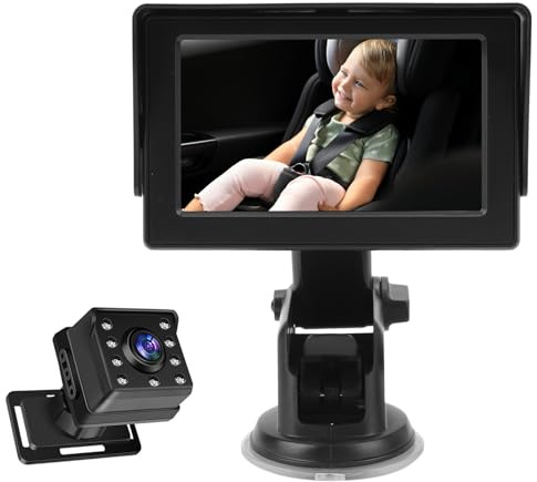 Shkalacar Cámara Giratoria de 360° para Monitor de bebé en el Asiento Trasero con Resolución 1080P, Cámara Espejo Coche para bebé 4,3 Pulgadas Bebés, Niños, Niños