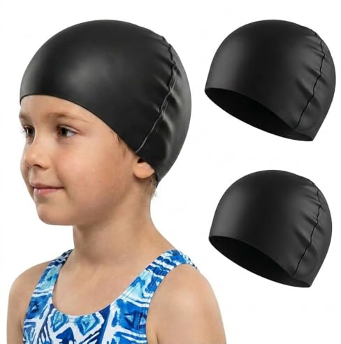 2Pcs Kids Swimming Cap Waterproof, Comfortable Stretchable Silicone Swim Cap, Anti Slip Stretchable Swimming Hat for 6-14 Years Boys & Girls, Long & Short Hair