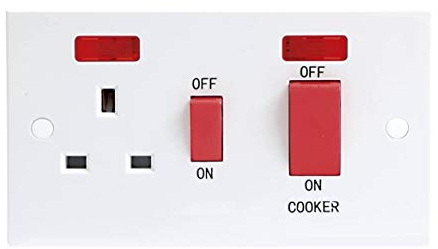 Invero 1 Gang 45 Amp Double Cooker Wall Switch Socket Unit with Two Red Neon Power Indicators - White