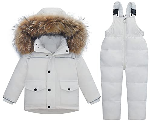 Fewlby Kids 2-Piece Snowsuit Toddler Baby Boys Girls Winter Wear Ski Jacket & Snow Bib Pants Ski Suit, White 3-4 Years