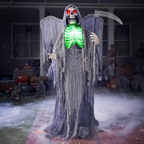 JOYIN 63 Halloween Animatronic Grim Reaper Decorazione con ali, fantasma in piedi a grandezza naturale con occhi luminosi, suono raccapricciante e corpo mobile per Halloween