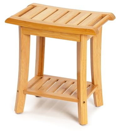 Unibambou Bamboo Shower Bench Inside Shower Stool with Storage Shelf, Spa Bath Chair for Bathroom, Seat or Organizer for Living Room, Bedroom and Garden - Great for All Ages Elderly (Small, Natural)