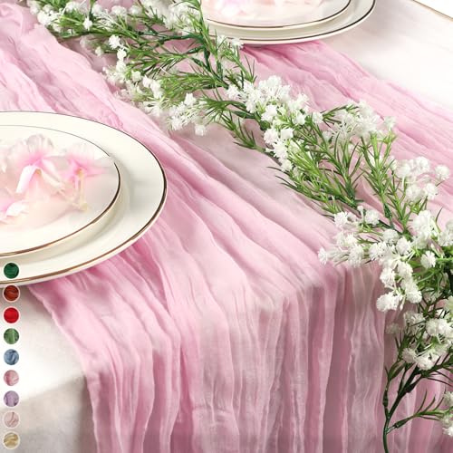 Cekene 1PC Cheesecloth Table Runner Pink 90x400cm Gauze Fabric Table Runner Long Rustic Sheer Tablecloth Runner Washable Table Cloth Decoration for Wedding Holiday Party Baby Bridal Shower Arch