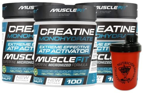 MuscleFit Pack 3 Creatina Monohidrato Micronizada + Shaker (Regalo) | Sin Sabor 300g | Sello de calidad garantizado | 3g dosis diaria