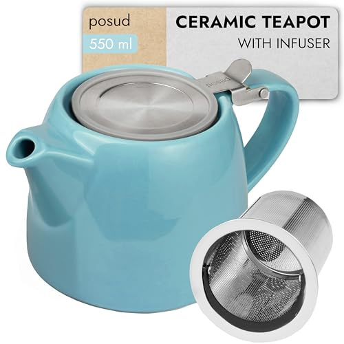 posud Teapot with Infuser – Ceramic Teapot with Strainer for 2 Cups – 550ml Small Tea Pot Infuser for Loose Tea – Stump Tea Pot with Filter for Two (Turquoise)