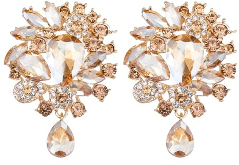 SUPERFINDINGS 2PCS Flower Rhinestone Brooches Elegant Crystal Brooch Pins Wedding Bridal Big Brooch Vintage Golden Diamond Brooches for Wedding Party Accessory, 7.7x5.3cm