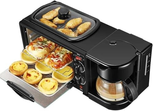 3-in-1 Breakfast Station, Compact Toaster Oven with Coffee Maker and Griddle, Multifunctional Breakfast Maker for Small Kitchens and Apartments