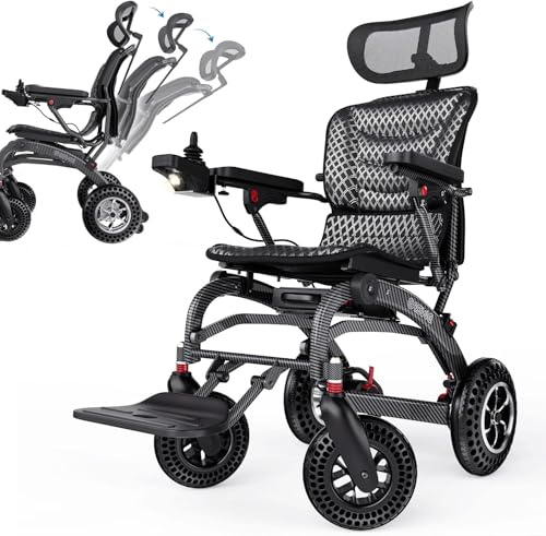 Sedia a rotelle elettrica leggera e pieghevole per adulti, design ergonomico. Carrozzina motorizzata portatile con batteria 12Ah e motori brushless 400W, ideale per viaggi.