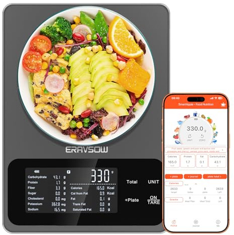 Smart Food Kitchen Scale with Nutritional Calculator, 30 Nutrients App for Tracking Calories, Fat, Carbs & Protein, Personal Goals and Daily Reports, On-Screen Nutrient Info, 22lb/10Kg