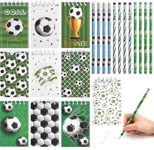 SLIAXINT Set fotboll presentset innehåller 10 mini anteckningsblock och 12 pennor, spiralblock fotboll skrivset för skola barn, födelsedag present födelsedag present party set