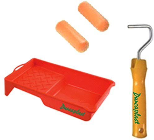 Juego de rodillos de pintura con mango y bandeja: Cubeta de plástico con 2 rodillos de piel de melocotón. Recomendado para esmaltar y lacar superficies lisas y semi-lisas metálicas o de madera.