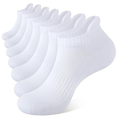 CLOSEMATE 7 Pares Calcetines Deporte Tobilleros Hombre Mujer Corto Algodón Transpirable Compresión Acolchados Low Cut Running Atlético Caminar(7Blanco,Tamaño L)