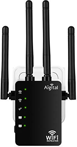 Répéteur WiFi Longue portée, Amplificateur WiFi AC1200 Double Bande 2.4GHz et 5GHz avec 4 Antennes Externes, Wifi Extender Mini Puissant avec 2 Port Ethernet, jusqu'à 120㎡ compatible toutes Box
