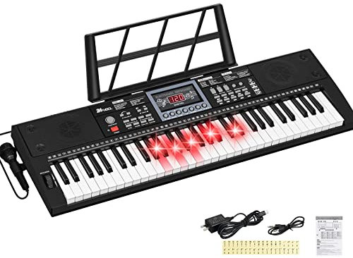 24HOCL Elektrisch Klaviere 61 Beleuchtete Tasten, Musikalisch Digital Klaviertastaturen 200 Rhythmen LCD-Bildschirm für Kinder Anfänger Lighted Keys_2 Schwarz