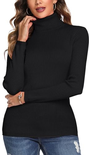 Aottori Black Turtle Neck Tops for Women Knitted Jumpers Ladies Long Sleeve Ribbed Knit Sweater Winter Warm Pullover Tunic Black S