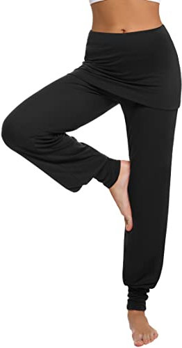 Terecey Yogahose Damen Lang mit Rock Yoga Hose Damen Baumwolle Lockere Hosen Bequeme Freizeithose Weite Jogginghose für Yoga Pilates Tanzen Joggen Schwarz L