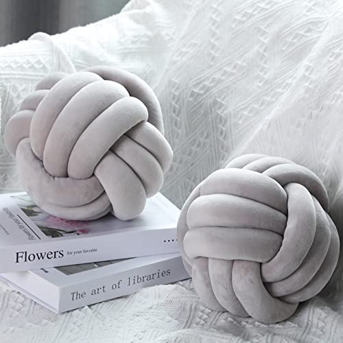 2 Almohadas de Bola de Nudo Estéticas Redondas Suaves Cojines de Felpa Anudados Decorativos Lindos para Aliviar Estrés Niños Cama Sofá Dormitorio Decoración (Gris)