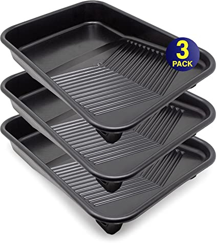 FoamPRO 309 9 inch Molded Plastic Paint Tray- 3 Pack, Black- Solvent-Proof Roller Trays w/Ladder Hook Legs- Durable Interior Exterior Home Painting Supplies & Tools for Paint Rollers & Roller Brushes