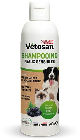 Clément Thékan - Vétosan Shampooing Peaux Sensibles pour Chiens et Chats - À Base d’extrait de Cassis Bio de Bourgogne - 200 ML