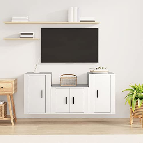 Homgoday Ensemble de meubles TV 3 pièces en contreplaqué blanc, meuble pour TV, salon, salle à manger, table basse, télévision, équipement de musique, meuble bas de rangement, support type 10
