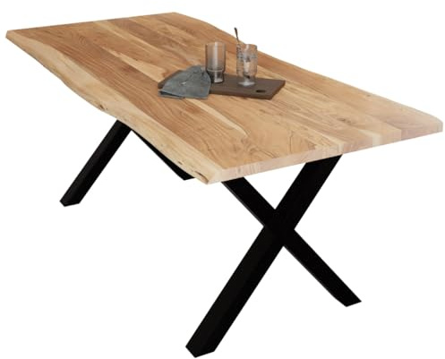 Liadomo Esstisch 220x100 Diala Natur, Baumkantentisch, Baumkante, Akazie Massivholz Tisch, 35 mm Tischplatte lackiert, Robust & Pflegeleicht, Unikat, X-Gestell Metall schwarz