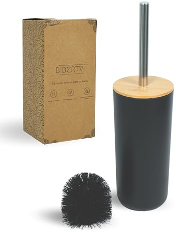 Biberty Escobillero baño Negro y bambú con Cepillo de Recambio, escobilla baño Negra y bambú para Limpieza de Vater, escobilla para el WC y Mango ergonómico de Acero Inoxidable, Piacaba casa de banho