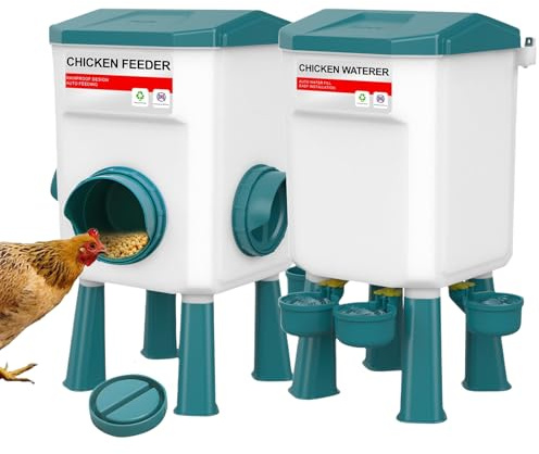 Set de comedero automático para pollos y bebedero para aves, dispensador de alimento para pollos de 8 kg y bebedero para pollos de 7 L, alimentación para aves al aire libre con patas desmontables