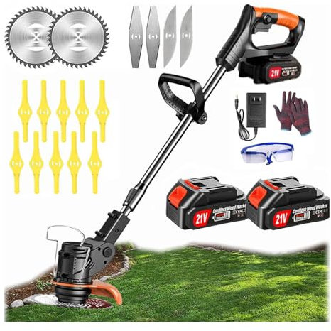 Decespugliatore a Batteria 21V, Tagliaerba a batteria, Con 2 Batterie Ad Alta Capacità E 16 Lame Diverse, Affronta Ogni Lavoro Dal Rifilatura Di Precisione Al Taglio Di Rami Spessi