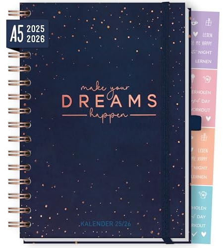 Häfft-Timer Fancy Deluxe 2025/2026 A5 Make your Dreams happen Schülerkalender, Schülerplaner, Semesterplaner mit Spiralbindung für Oberstufe, Ausbildung, Uni - nachhaltig & klimafreundlich