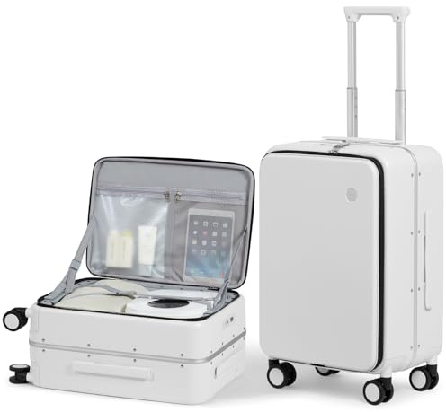 mixi 20 Inch Carry On Luggage 22x14x9 Airline Approved PC Hard Shell Suitcase Top Opening Aluminum Frame Travel Suitcases with Wheels, Smoke White