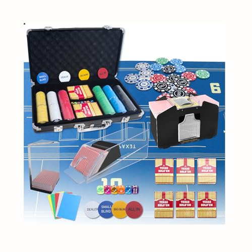 Poker Set, Casino Game Set Blackjack Set with Casino Chips, Deck Shuffler, 300pcs Poker Chips, Blackjack Mat, Poker Cards, Blackjack Shoe, Poker Buttons, Cut Cards for Adult Casino Party