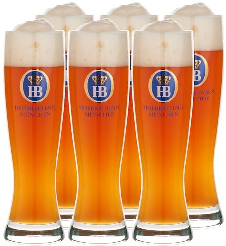 Hofbräuhaus München Juego de 6 vasos de cerveza de trigo originales de 0,5 l con logotipo HB, 0,5 l, regalo de cerveza para hombres y grandes ideas de regalo (6 unidades, 0,5 litros)