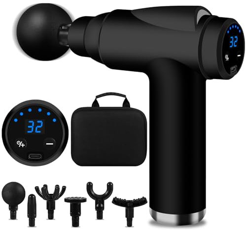 BUOAZR Massagepistole, Mini Muskel Massage Pistole mit 32 Geschwindigkeiten bis zu 3500U/min und 6 Massageköpfen, Elektrisches Massagepistole mit LCD-Bildschirm zur Muskel Entspannen (Schwarz, 6)