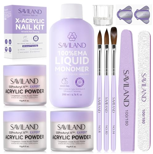SAVILAND Kit d'Ongles Acryliques 3 * 15g Acrylique Professionnel Poudre Acrylique 200ml Monomère Kit Acrylique pour Extension d'Ongles Pour Utilisation à Domicile Dans Salon Manucure