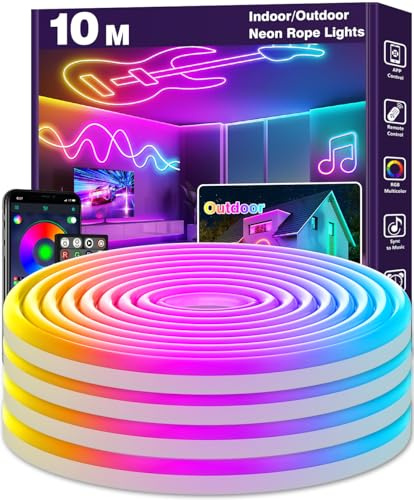 10M Neon LED Strip, Flexible LED Strips, RGB Control with App/Remote, Waterproof, Music Sync Gaming Strip Lights for Bedroom Indoor, IP65 Outdoor RGB Neon Lights,Multiple Modes