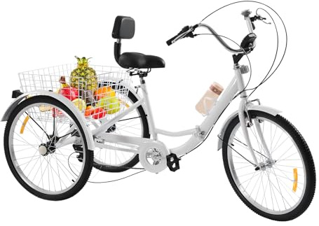 24 tum 7-växlad trehjuling för vuxna, 3-hjuls-cruiser-cykel lastcykel shopping vikbar trehjuling med ljus kopphållare och grönsakskorg, justerbar för vuxna seniorer utomhussporter (vit)