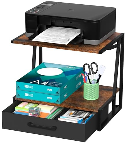 Alyoen Printer Stand for Desk with Storage Drawer, 2 Tier Desktop or Under Desk Printer Shelf, Large Printer Table Organizer for Home Office, Fit Fax Machine, Scanner