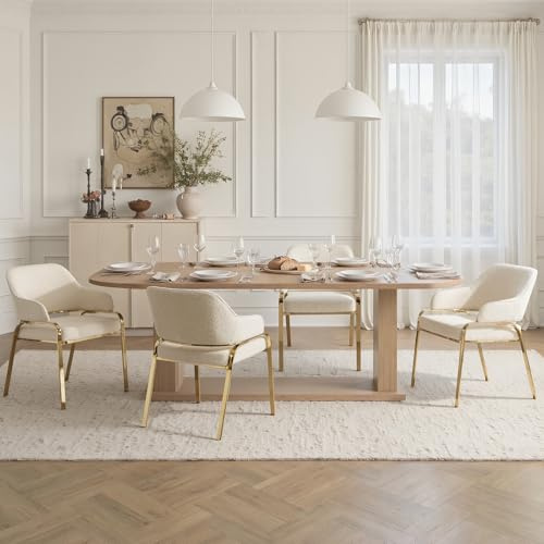 DAYALANE Lot de 4 Chaises de Salle à Manger Moderne Chaise de Cuisine en Chenille avec Cadre en Métal Doré Chaises de Salon Scandinave, Blanc