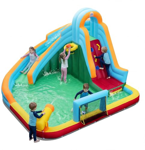 COSTWAY Castello Gonfiabile per Bambini, Scivolo Acquatico Gonfiabile con Piscina, Palline Oceaniche, Parete Arrampicata, Porta Calcio e Canestro Basket, per Bambini 3-12 Anni (Senza Soffiatore)